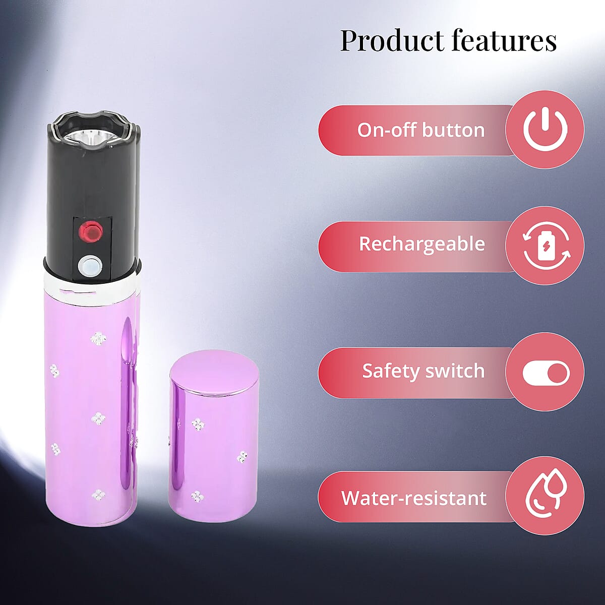 Lipstick Stun Gun For Self Defence With High Power LED Flashlight, Rechargeable Stun Gun With 3 Level Setting, Waterproof Personal Safety Tool -Purple image number 2
