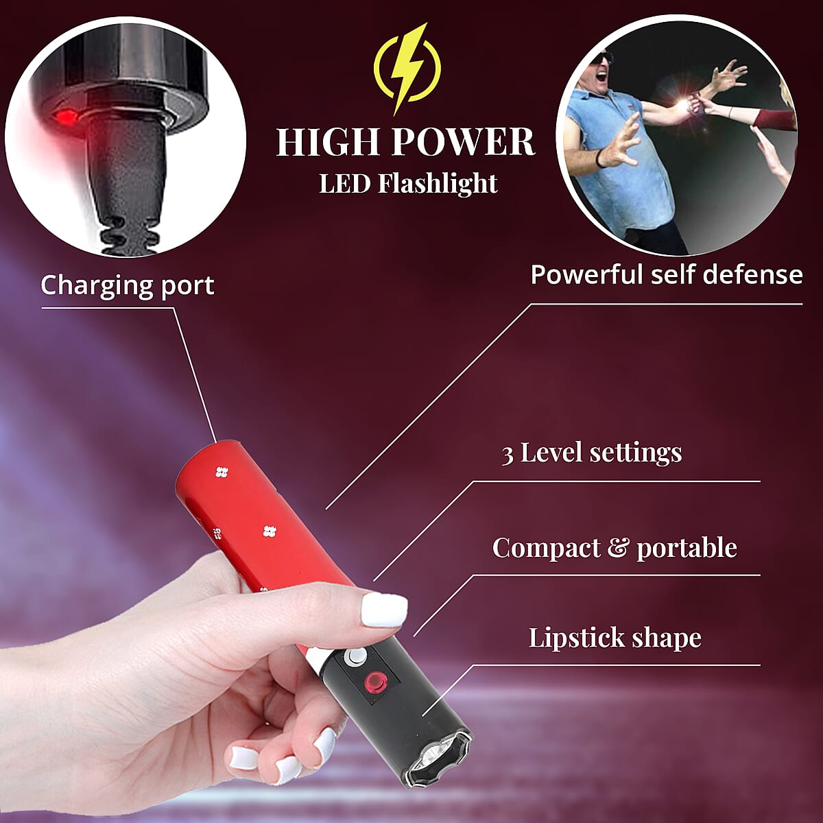 Closeout Lipstick Stun Gun For Self Defence With High Power LED Flashlight, Rechargeable Stun Gun With 3 Level Setting, Waterproof Personal Safety Tool -Red image number 1
