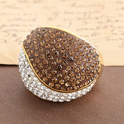 Champagne and White Austrian Crystal Ring in Goldtone (Size 7.0)