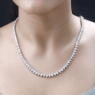 Moissanite 41.15 ctw Heart Tennis Necklace in Platinum Over Sterling Silver 18 Inches