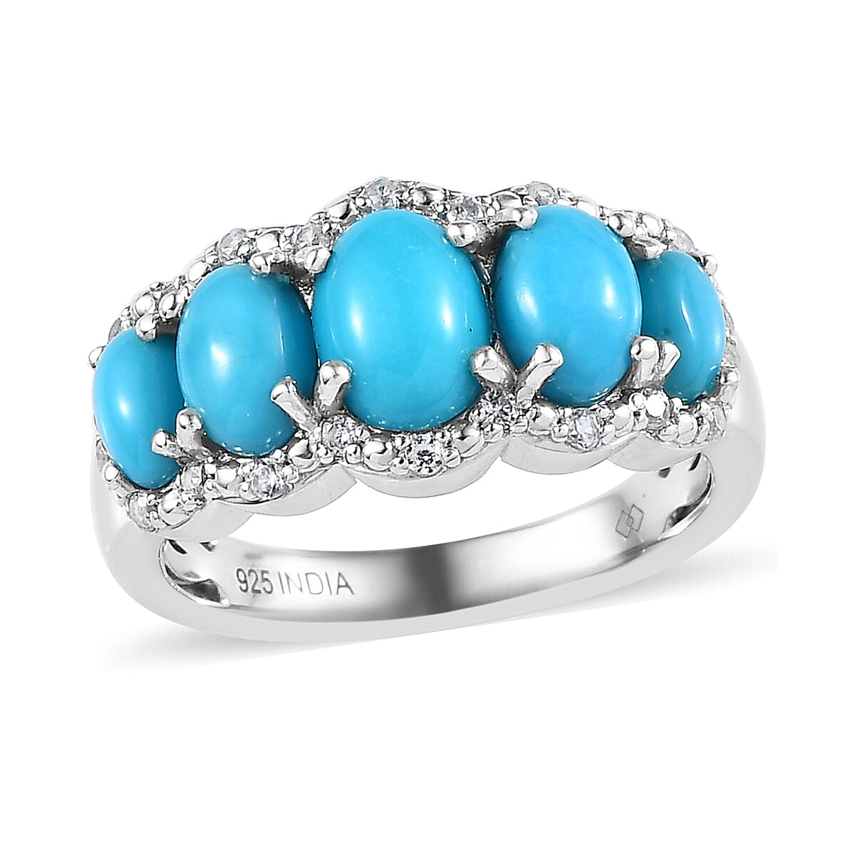 Premium Sleeping Beauty Turquoise and White Zircon 2.40 ctw Ring in Rhodium Over Sterling Silver (Size 7.0)