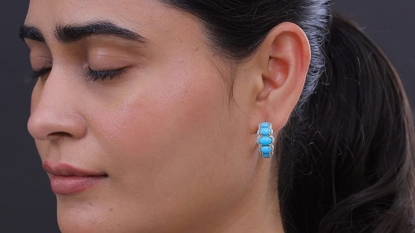 Premium Sleeping Beauty Turquoise, White Zircon J Hoop Earrings in 18K Vermeil YG Over Sterling Silver 4.75 ctw