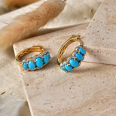 Premium Sleeping Beauty Turquoise and White Zircon 4.75 ctw J Hoop Earrings in 18K Vermeil Yellow Gold Over Sterling Silver
