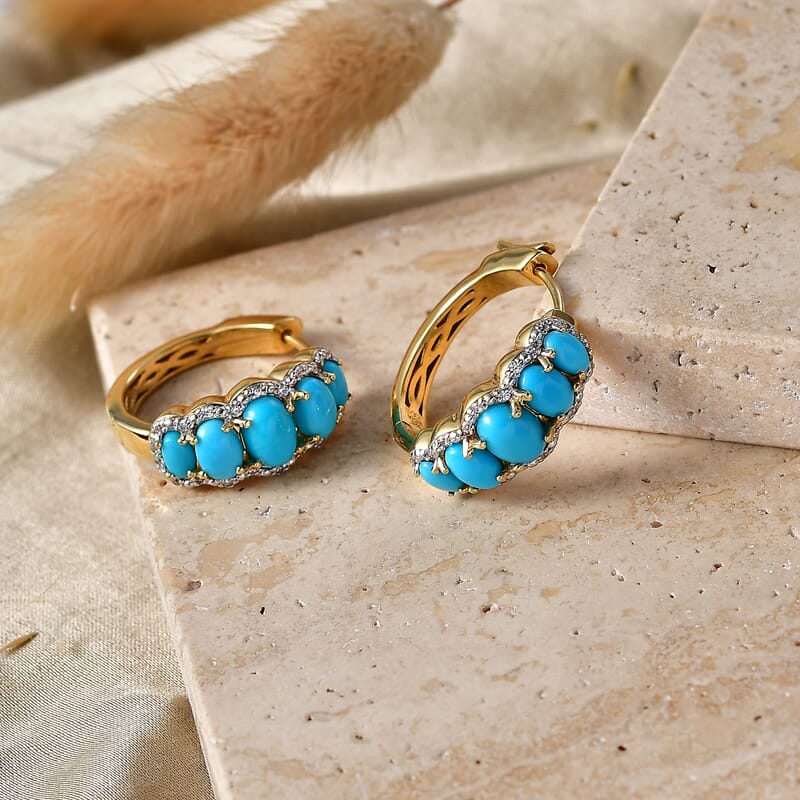 Premium Sleeping Beauty Turquoise and White Zircon 4.75 ctw J Hoop Earrings in 18K Vermeil Yellow Gold Over Sterling Silver
