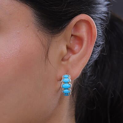 Premium Sleeping Beauty Turquoise and White Zircon 4.75 ctw J Hoop Earrings in 18K Vermeil Yellow Gold Over Sterling Silver