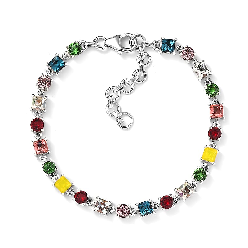 Designer Premium Multi Color Austrian Crystal Bracelet in Platinum Over Sterling Silver (6.50-8.0In)