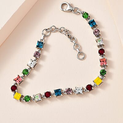 Designer Premium Multi Color Austrian Crystal Bracelet in Platinum Over Sterling Silver (6.50-8.0In)