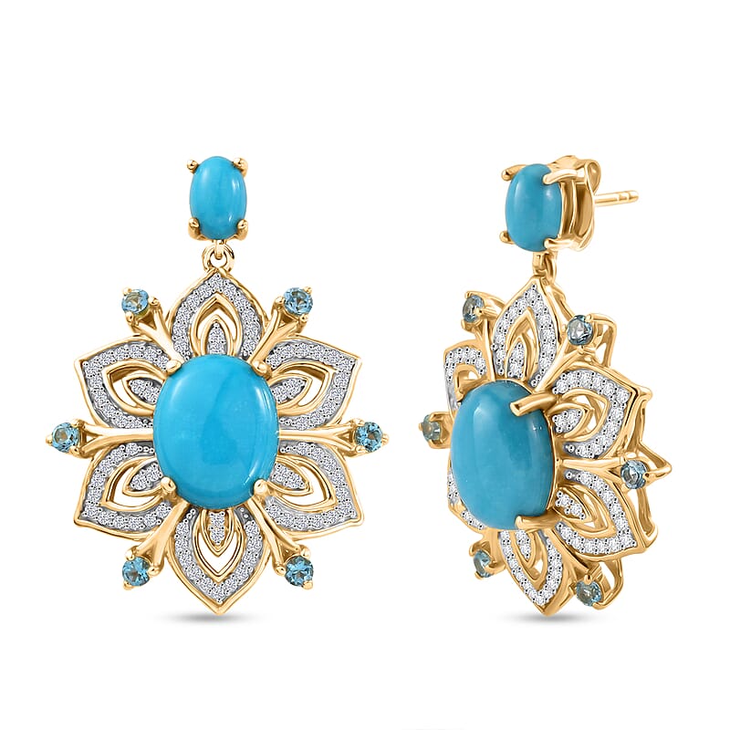 Premium Sleeping Beauty Turquoise and Multi Gemstone 6.85 ctw Stud Earrings in 18K Vermeil Yellow Gold Over Sterling Silver