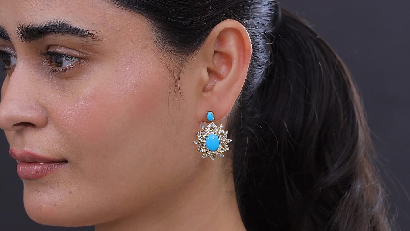 Premium Sleeping Beauty Turquoise, Multi Gemstone Stud Earrings in 18K Vermeil YG Over Sterling Silver 6.85 ctw