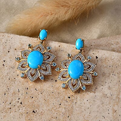 Premium Sleeping Beauty Turquoise and Multi Gemstone 6.85 ctw Stud Earrings in 18K Vermeil Yellow Gold Over Sterling Silver