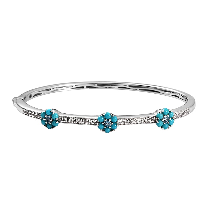 Premium London Blue Topaz and Multi Gemstone 1.60 ctw Bangle Bracelet in Rhodium Over Sterling Silver (7.00 In)
