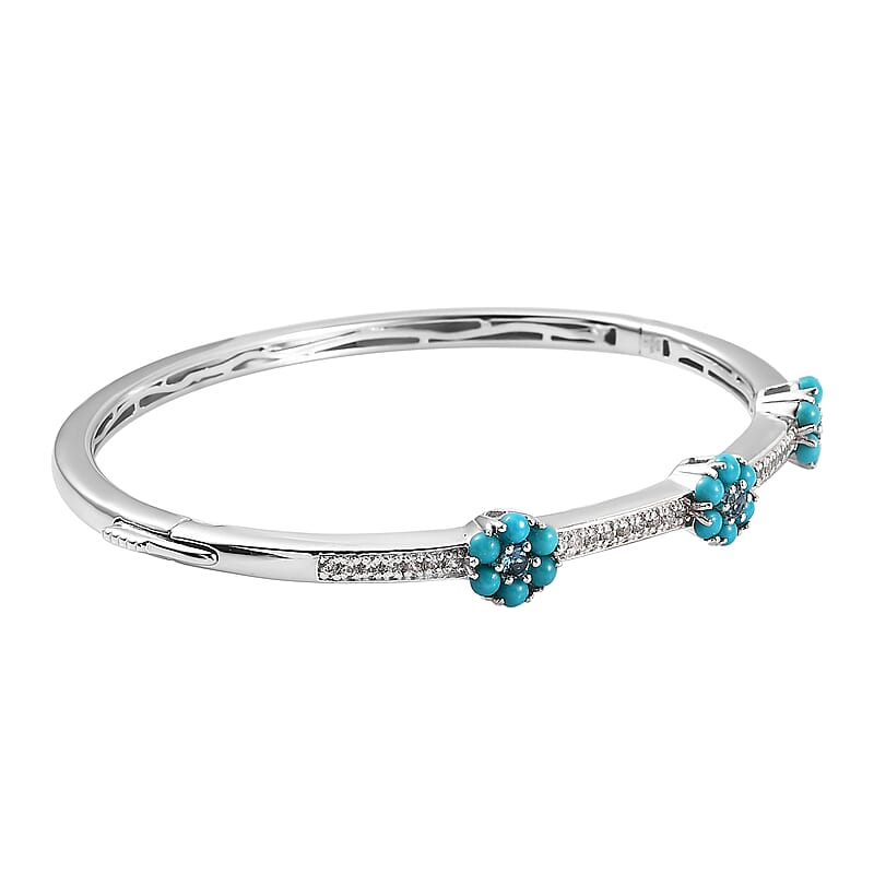 Premium London Blue Topaz and Multi Gemstone 1.60 ctw Bangle Bracelet in Rhodium Over Sterling Silver (7.00 In)