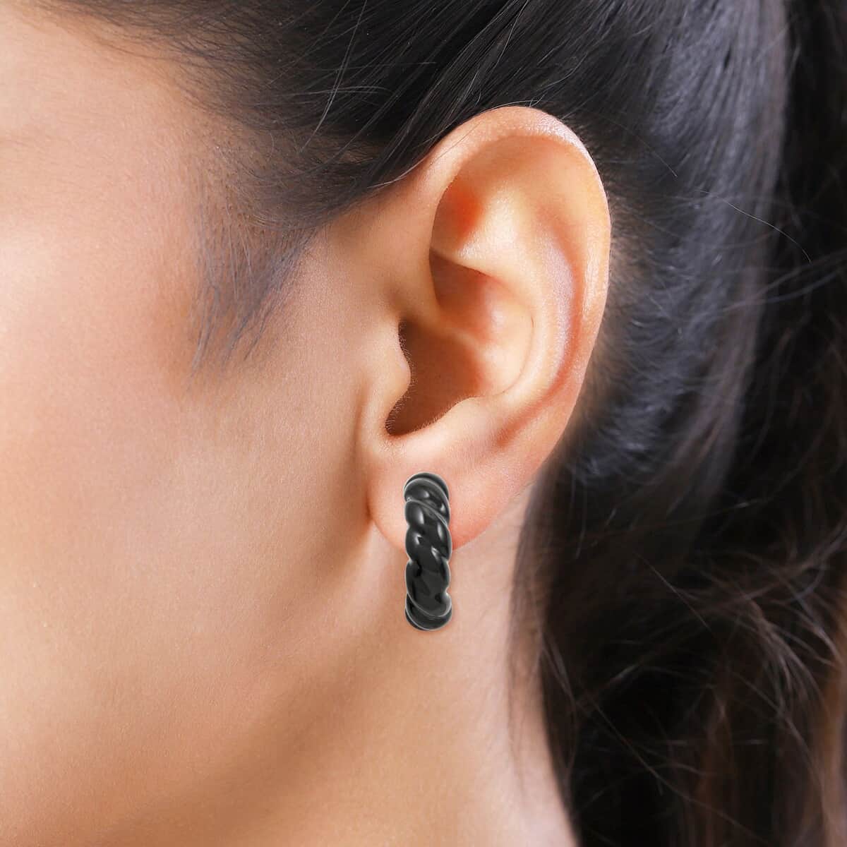 Black Murano Style Twisted Hoop Earrings in Stainless Steel image number 2