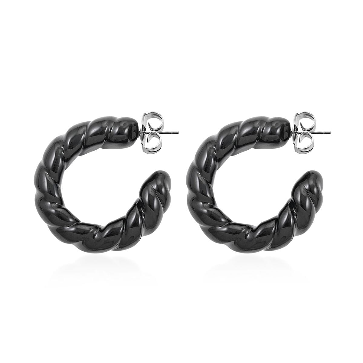 Black Murano Style Twisted Hoop Earrings in Stainless Steel
