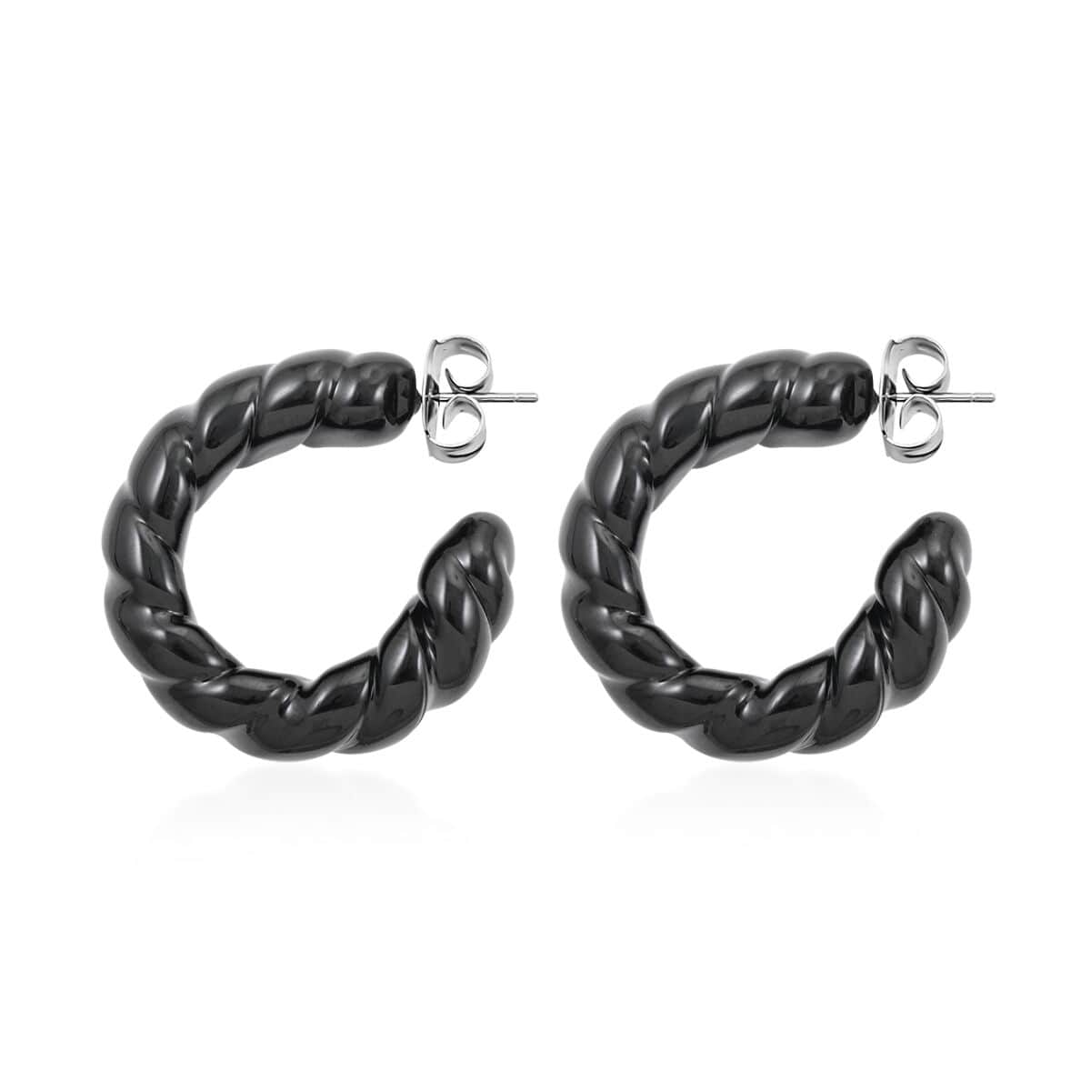 Black Murano Style Twisted Hoop Earrings in Stainless Steel image number 3