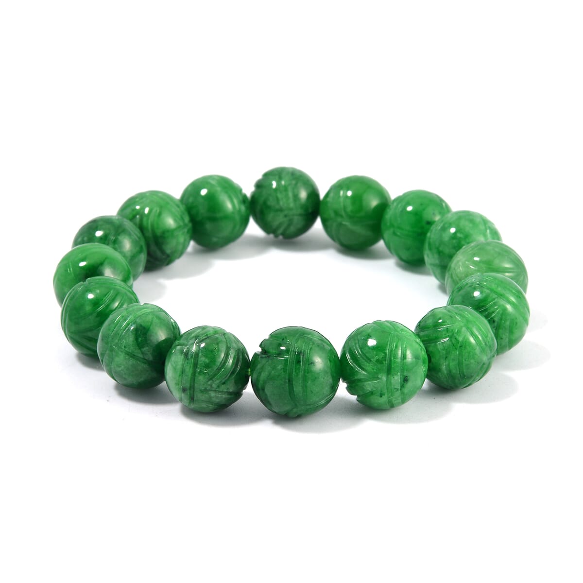 Green Jade (D) 238.00 ctw Lotus Carved Beaded Stretch Bracelet image number 0