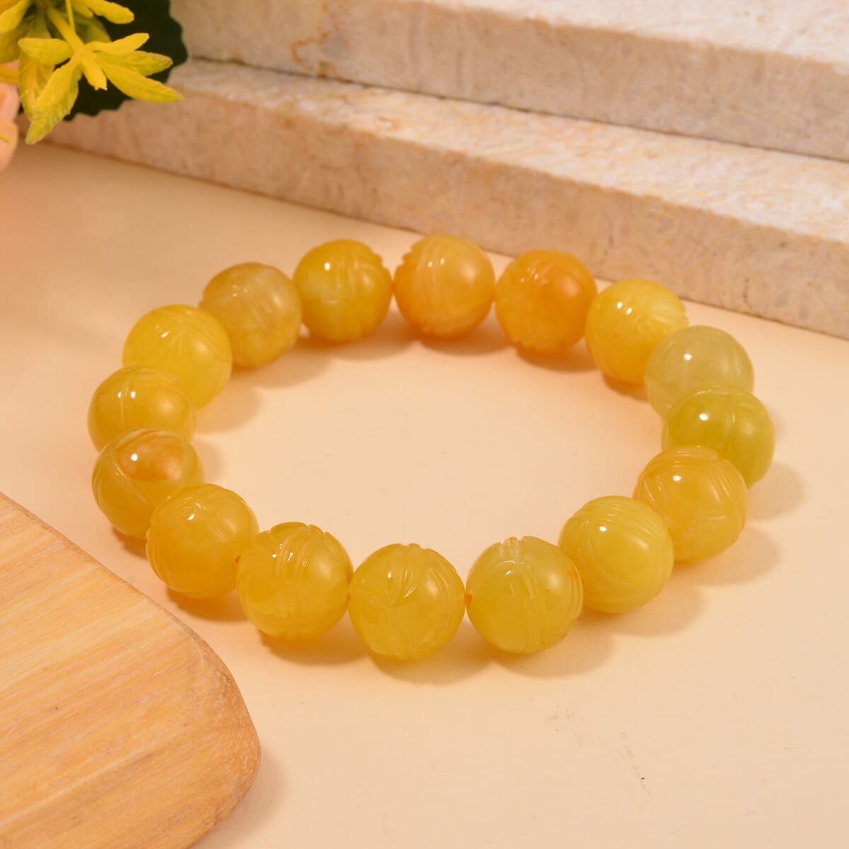 Honey Jade (D) 238.00 ctw Lotus Carved Beaded Stretch Bracelet image number 1