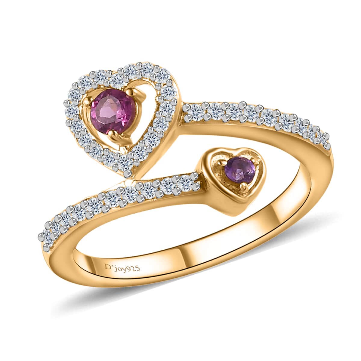 Mother’s Day Gift African Amethyst, Orissa Rhodolite Garnet and Moissanite Bypass Double Row Heart Ring in Vermeil Yellow Gold Over Sterling Silver (Size 6.0) 0.50 ctw image number 0