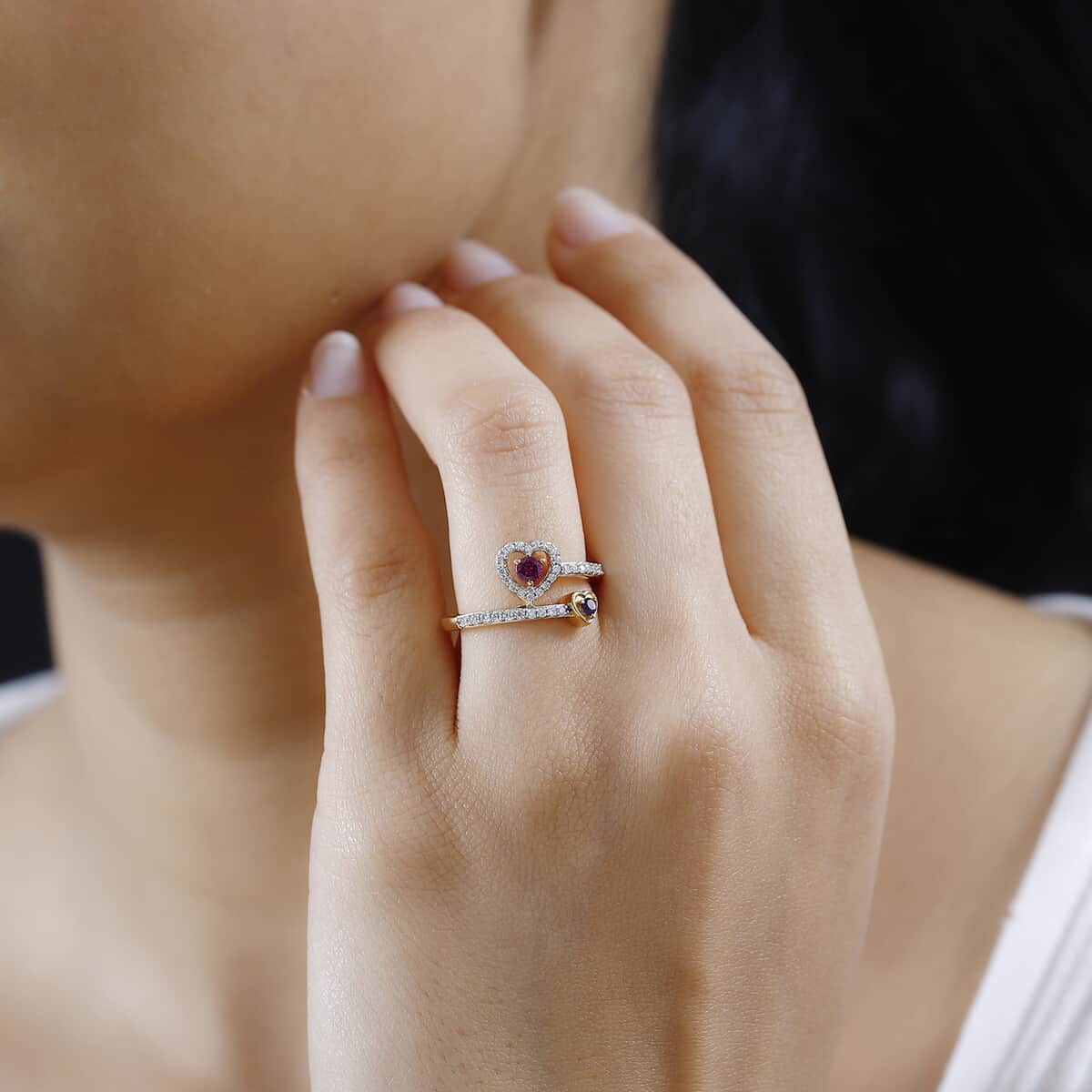 Mother’s Day Gift African Amethyst, Orissa Rhodolite Garnet and Moissanite Bypass Double Row Heart Ring in Vermeil Yellow Gold Over Sterling Silver (Size 6.0) 0.50 ctw image number 2