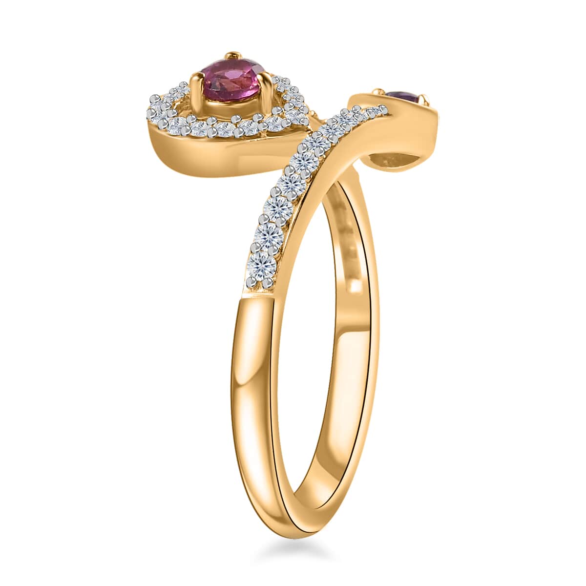 Mother’s Day Gift African Amethyst, Orissa Rhodolite Garnet and Moissanite Bypass Double Row Heart Ring in Vermeil Yellow Gold Over Sterling Silver (Size 6.0) 0.50 ctw image number 3