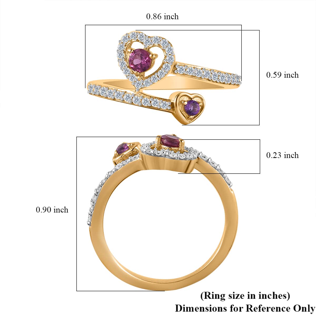 Mother’s Day Gift African Amethyst, Orissa Rhodolite Garnet and Moissanite  Bypass Double Row Heart Ring in Vermeil Yellow Gold Over Sterling Silver