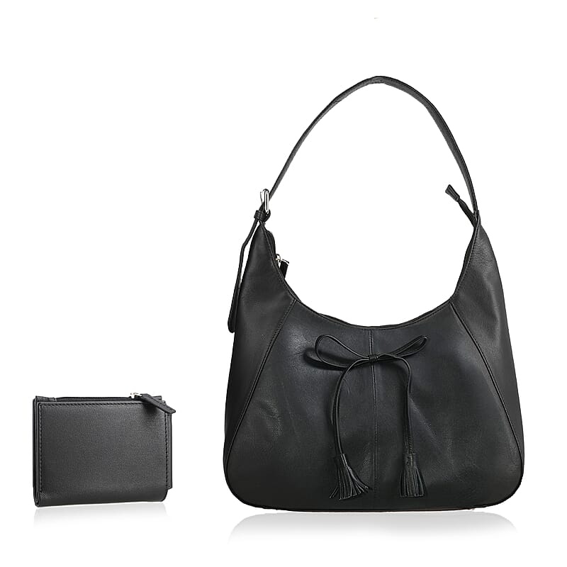 Black Genuine Leather Shoulder Bag and Wallet