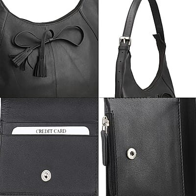 Black Genuine Leather Shoulder Bag and Wallet