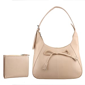 Beige Genuine Leather Shoulder Bag and Wallet