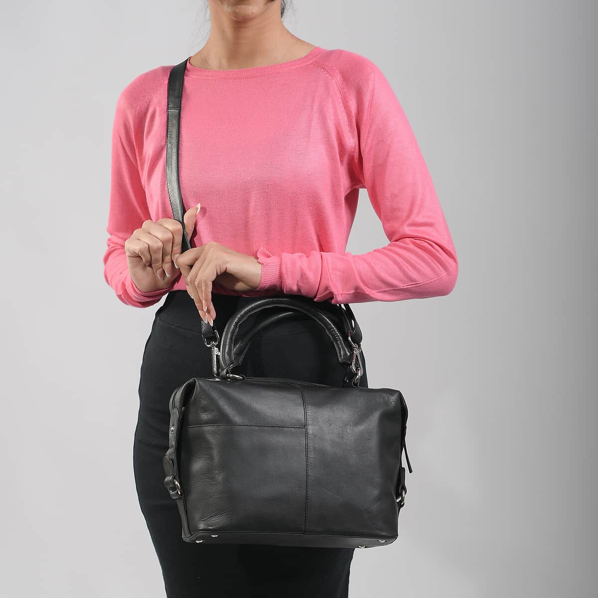 100% Genuine leather shoulder  bag Size- 10.6L x 7.67H x 4.33W inches COLOR: Black image number 2