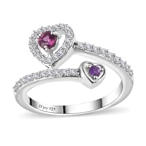 Orissa Rhodolite Garnet, African Amethyst and Moissanite Bypass Ring in Platinum Over Sterling Silver (Size 5.0) 0.50 ctw