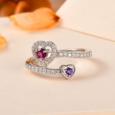Orissa Rhodolite Garnet, African Amethyst and Moissanite Bypass Ring in Platinum Over Sterling Silver (Size 5.0) 0.50 ctw