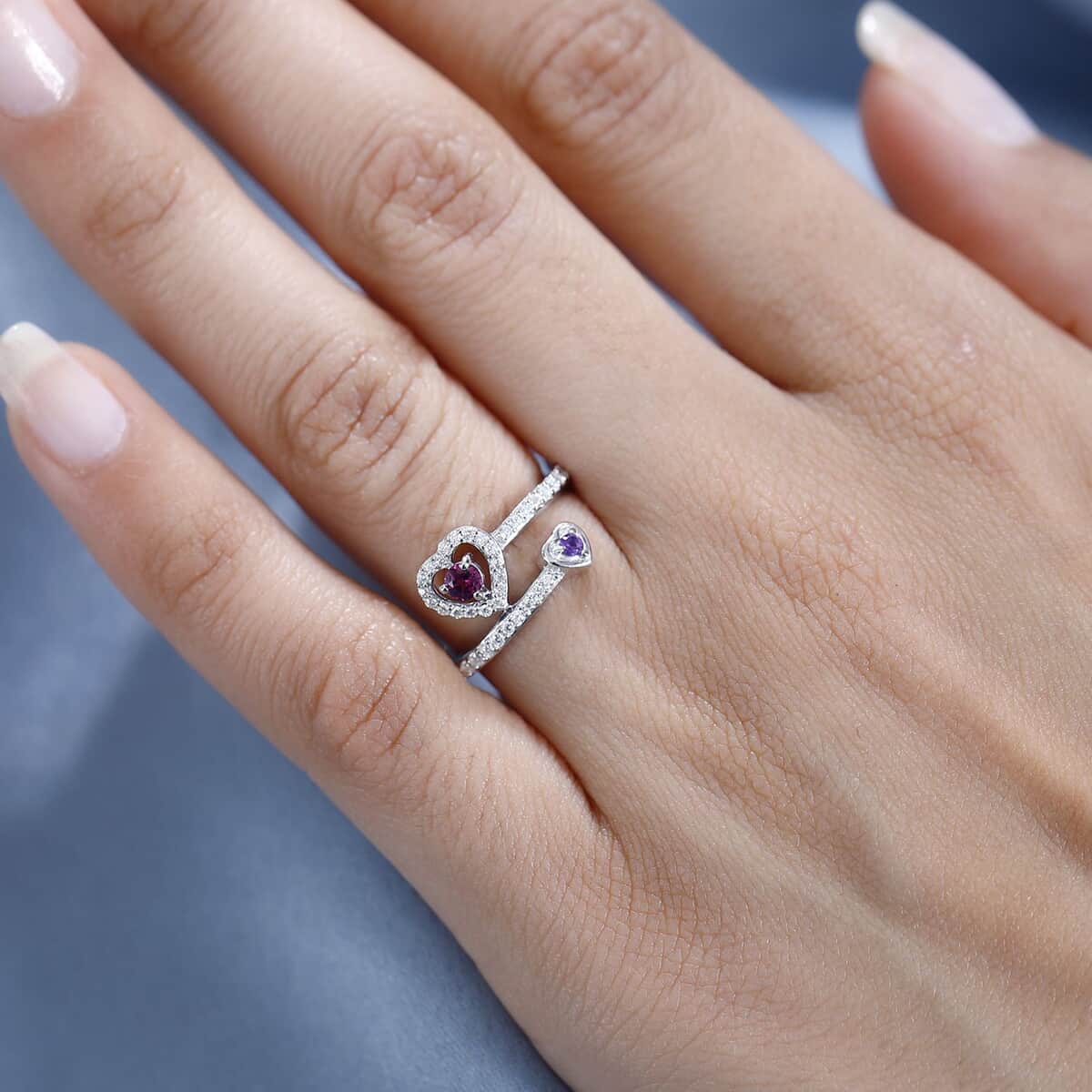 Orissa Rhodolite Garnet, African Amethyst and Moissanite Bypass Ring in Platinum Over Sterling Silver (Size 5.0) 0.50 ctw image number 2