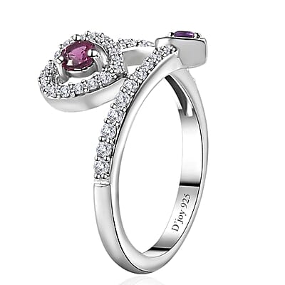 Orissa Rhodolite Garnet, African Amethyst and Moissanite Bypass Ring in Platinum Over Sterling Silver (Size 5.0) 0.50 ctw