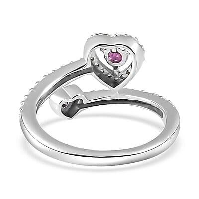 Orissa Rhodolite Garnet, African Amethyst and Moissanite Bypass Ring in Platinum Over Sterling Silver (Size 5.0) 0.50 ctw