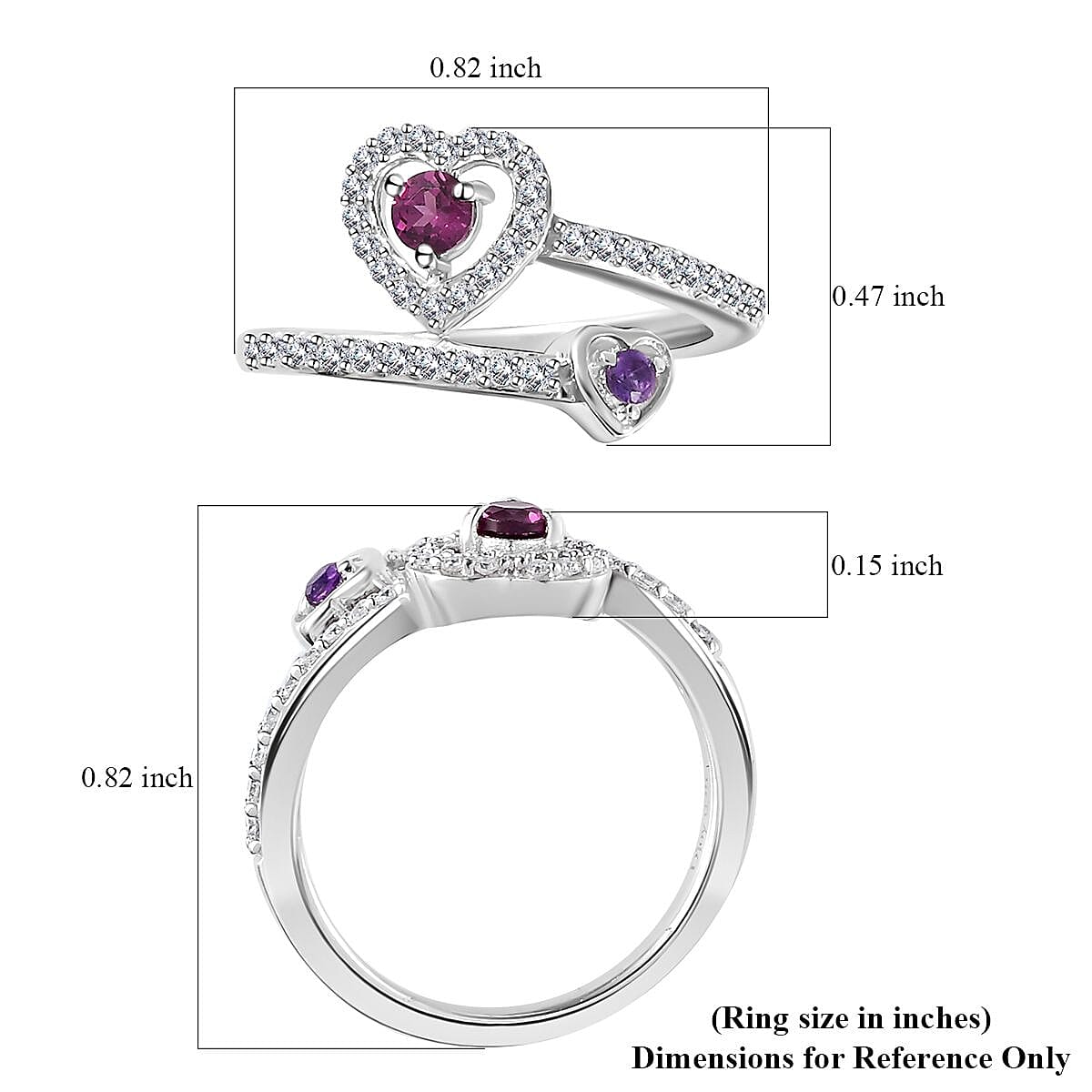 Orissa Rhodolite Garnet, African Amethyst and Moissanite Bypass Ring in Platinum Over Sterling Silver (Size 5.0) 0.50 ctw