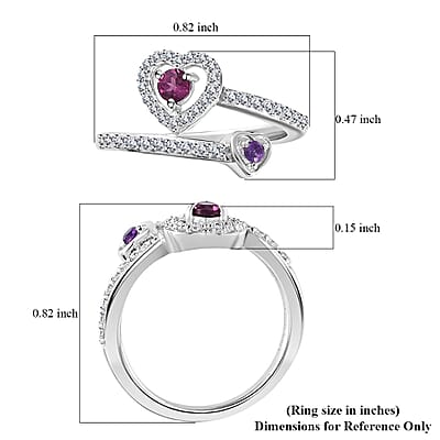 Orissa Rhodolite Garnet, African Amethyst and Moissanite Bypass Ring in Platinum Over Sterling Silver (Size 5.0) 0.50 ctw