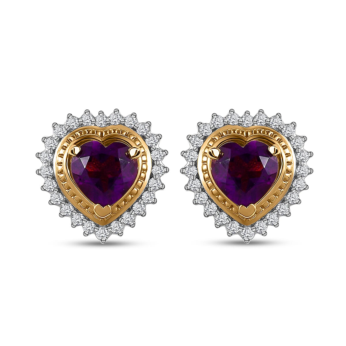 African Amethyst, Moissanite Heart Stud Earrings in Vermeil YG Over Sterling Silver 1.90 ctw