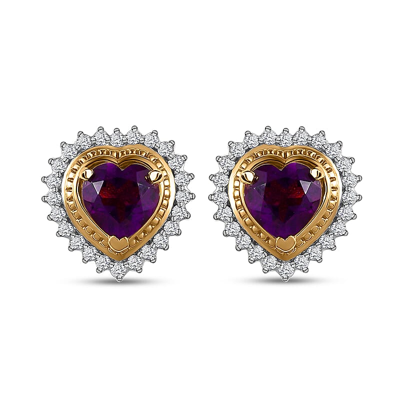African Amethyst and Moissanite Heart Stud Earrings in Vermeil Yellow Gold Over Sterling Silver 1.90 ctw