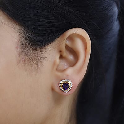 African Amethyst and Moissanite Heart Stud Earrings in Vermeil Yellow Gold Over Sterling Silver 1.90 ctw