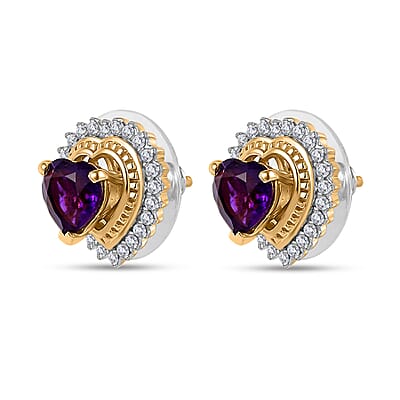 African Amethyst and Moissanite Heart Stud Earrings in Vermeil Yellow Gold Over Sterling Silver 1.90 ctw