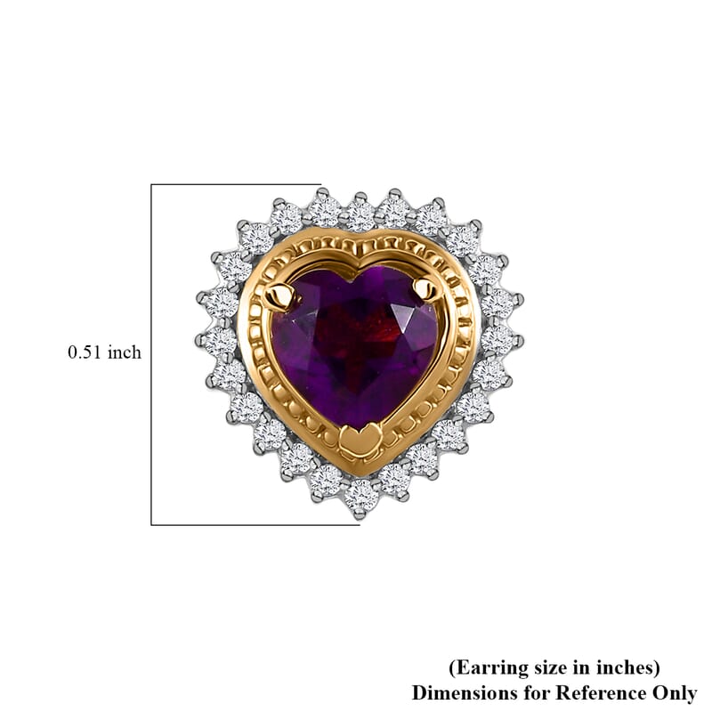 African Amethyst and Moissanite Heart Stud Earrings in Vermeil Yellow Gold Over Sterling Silver 1.90 ctw