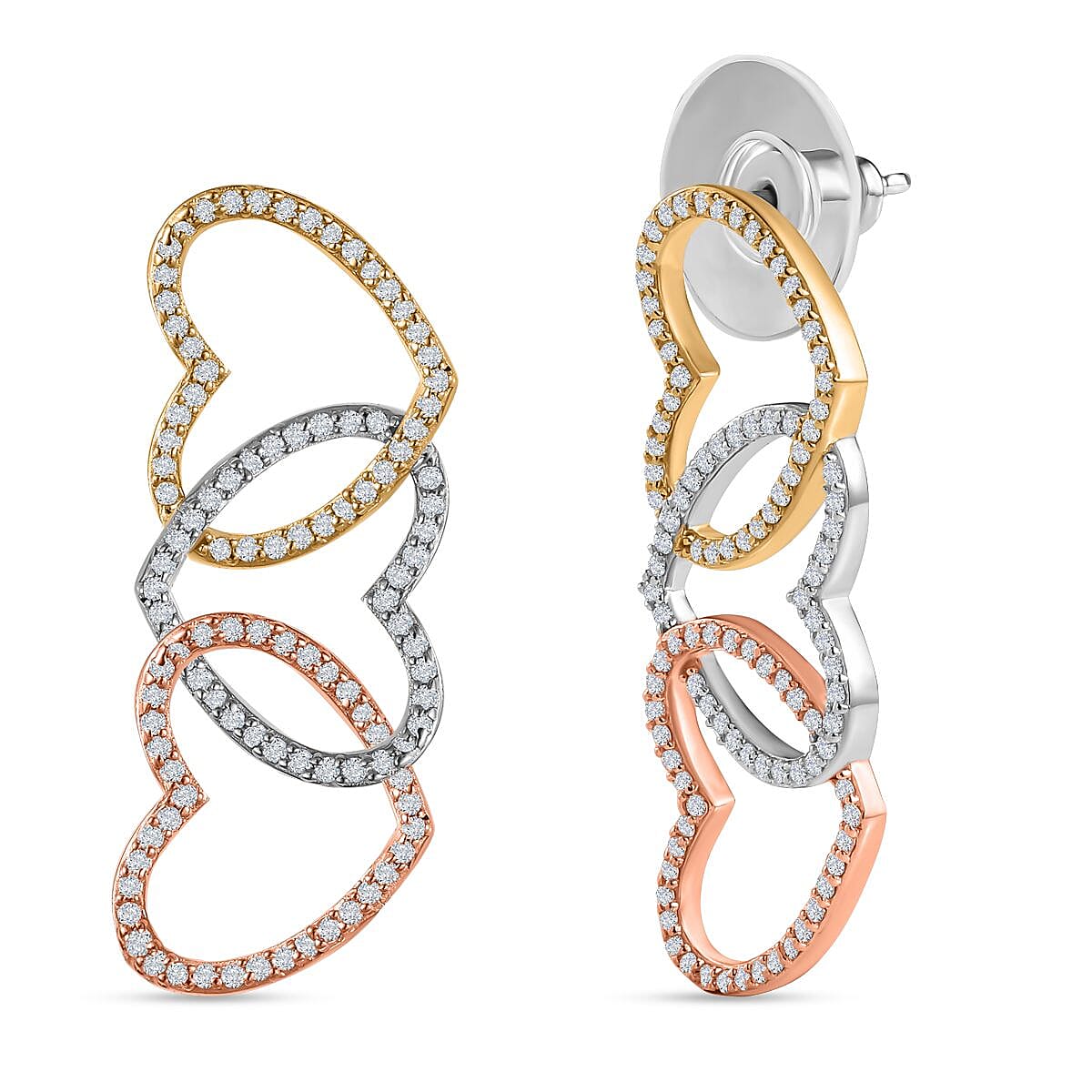 Moissanite 3 Row Hearts Statement Earrings in 14K RG, YG and Platinum Over Sterling Silver 1.90 ctw