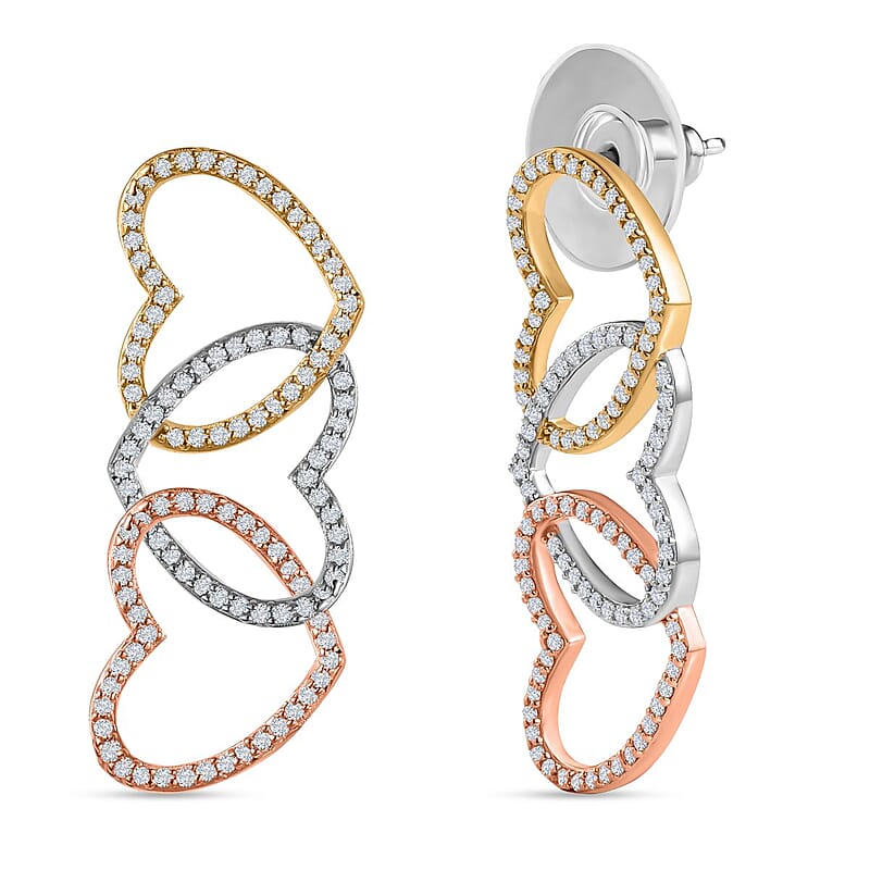Moissanite 3 Row Hearts Statement Earrings in 14K RG, YG and Platinum Over Sterling Silver 1.90 ctw