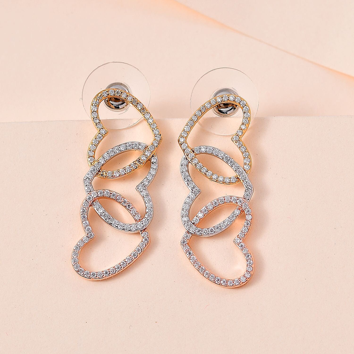 Moissanite 3 Row Hearts Statement Earrings in 14K RG, YG and Platinum Over Sterling Silver 1.90 ctw
