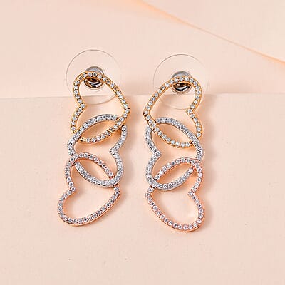 Moissanite 3 Row Hearts Statement Earrings in 14K RG, YG and Platinum Over Sterling Silver 1.90 ctw