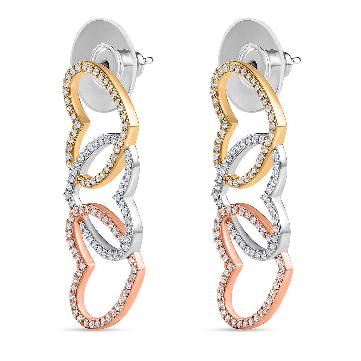 Moissanite 3 Row Hearts Statement Earrings in 14K RG, YG and Platinum Over Sterling Silver 1.90 ctw