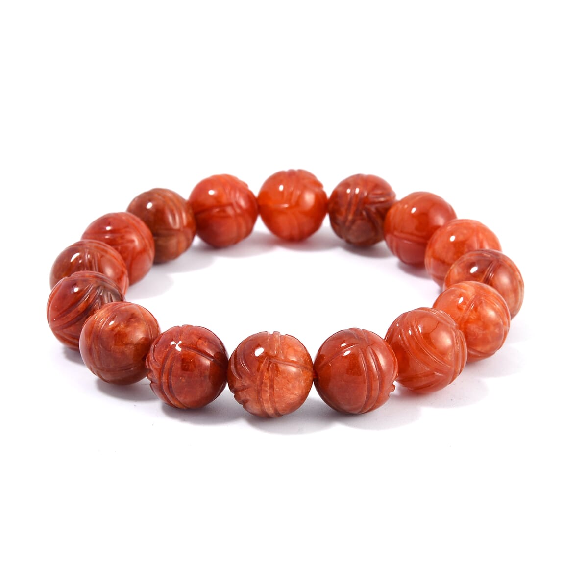 Red Jade (D) 238.00 ctw Lotus Carved Beaded Stretch Bracelet image number 0