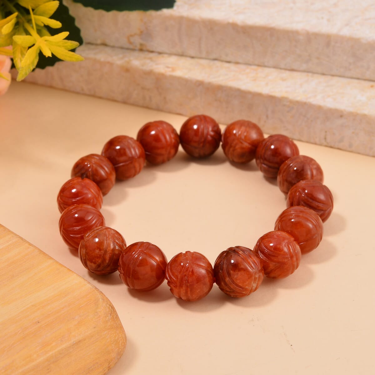 Red Jade (D) 238.00 ctw Lotus Carved Beaded Stretch Bracelet image number 1