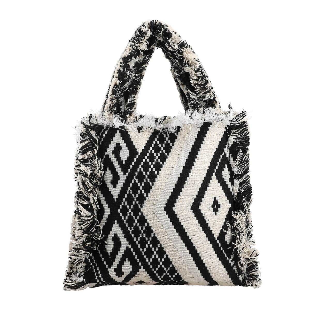 Black and White Handloom Fabric Tote Bag (13"x11.41"x2") image number 0