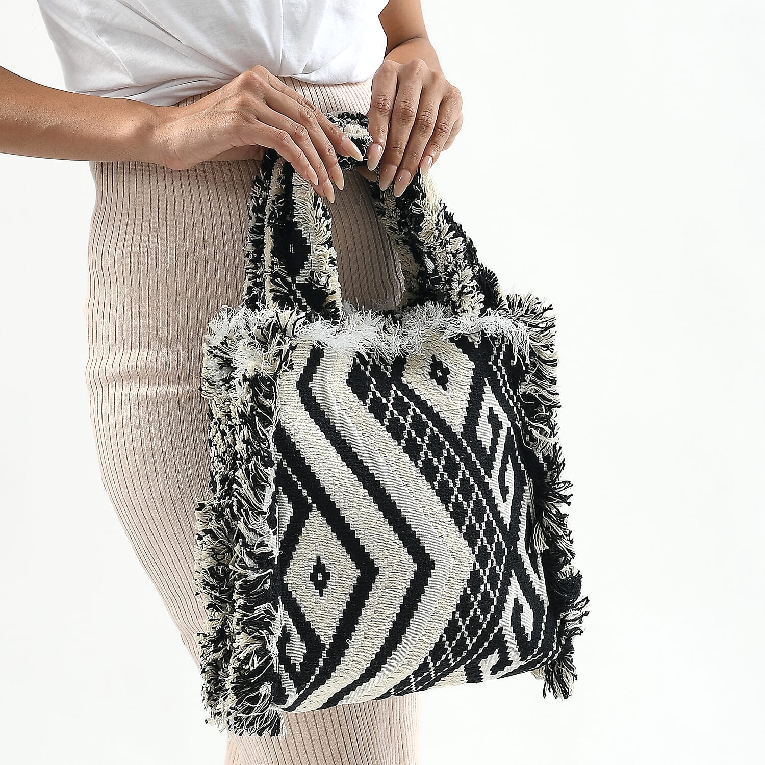 Black and White Handloom Fabric Tote Bag